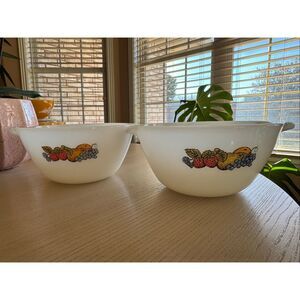 Anchor Hocking 2 milk glass bowls fruit harvest mid century 70s